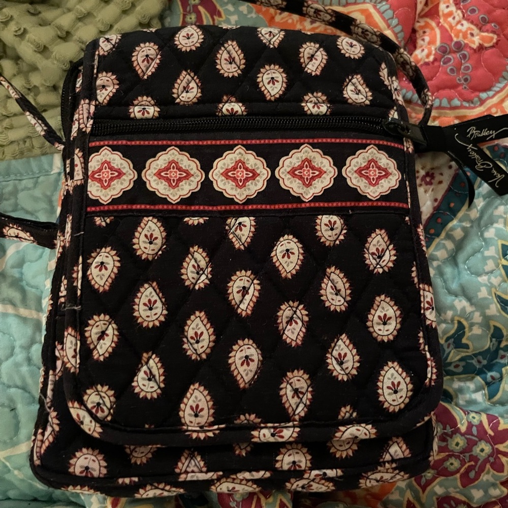 Vera Bradley Black and Pink Crossbody Bag with Paisley Design 6” x 8”